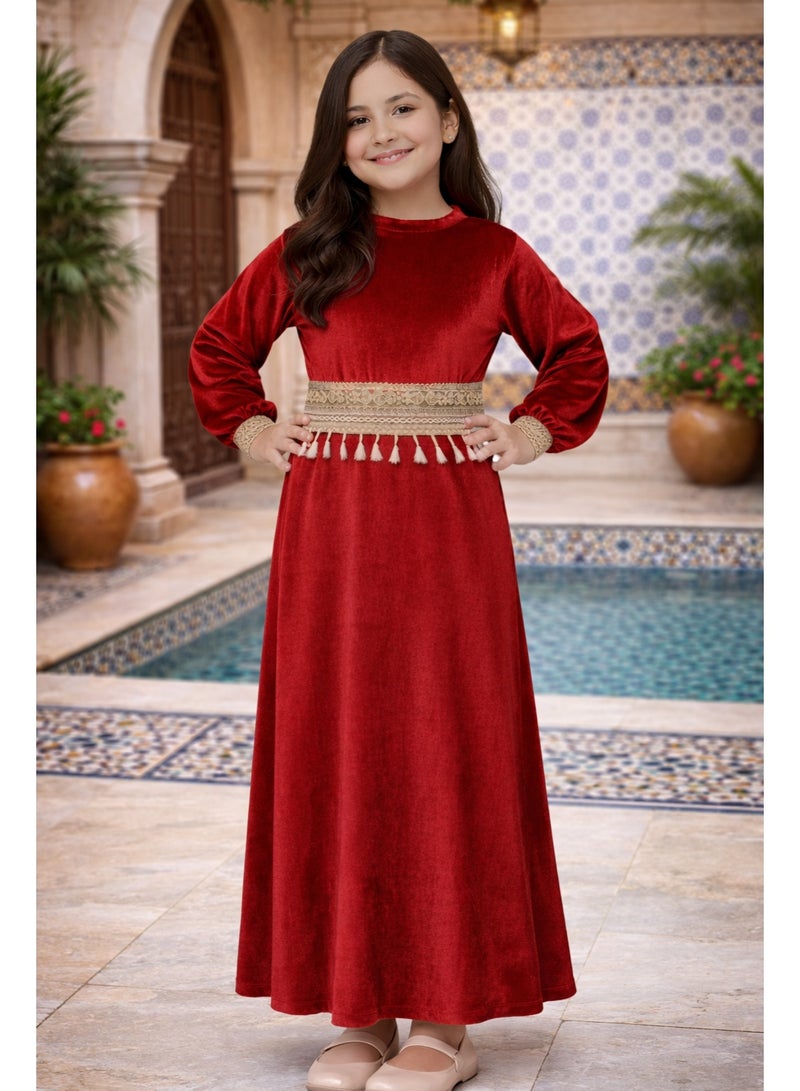 Girls Velvet Ramadan Dress with Separate Tassel Trim, Long Sleeve Islamic Abaya, Traditional Modest Maxi Dress for Kids - Image 2